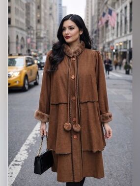 Louis Feraud Paris Wool Fur Trim Coat Brown Vintage Long Capelet Style Medium